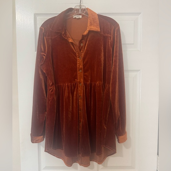 Umgee Velvet Babydoll Tunic Button Down Shirt L/S Burnt Orange Size M Whimsigoth - Picture 1 of 9
